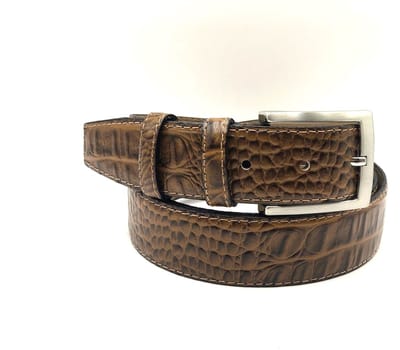 hazelnoot print riem - nikkel gesp - 3.5 cm breed - maat 95 totale lengte 110 cm