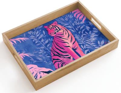 Dienblad hout 40x30 cm - Schootdienblad - Tijger - Roze - Bladeren - Jungle - Borrelplank rechthoek - Plateau dienbladen