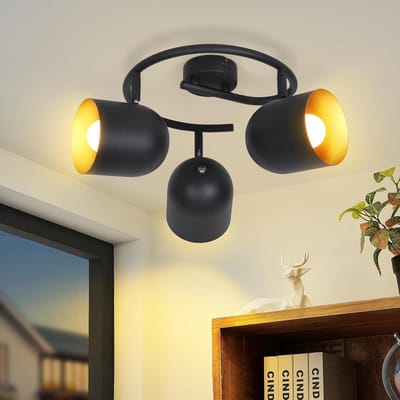 itzerlife - Plafondspot Plafondlamp - vintage industrieel rond - opbouwspots - draaibaar 350° kantelbaar - 3xE14 fitting - metaal - zwart goud - Ø25cm