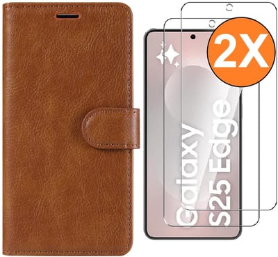 Hoesje Geschikt voor Samsung Galaxy S25 Edge hoesje bookcase Bruin met screenprotectors 2 stuks