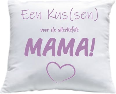 Kussen met vulling Kussenhoes met tekst "Een kus(sen) voor de allerliefste Mama" Met Hartje" bedrukt Cadeau Kado | Wit Effen met lila op druk | 40x40 cm | Moederdag |