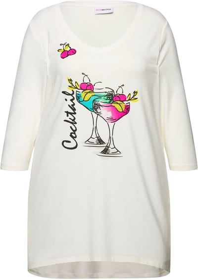 MIAMODA - Dames - T-shirt A-lijn cocktail-motief 3/4-mouwen - Sneeuwwit - Maat 50