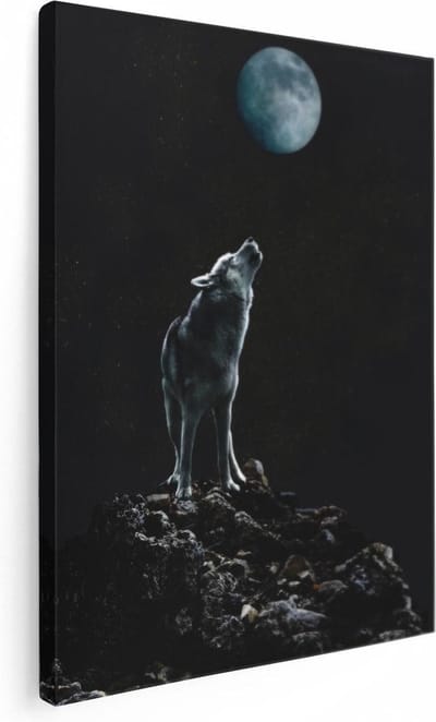 Artaza Canvas Schilderij Huilende Wolf - 30x40 cm - Klein - Wanddecoratie Nacht - Muurdecoratie Dierenkop - Kamer Accessoires