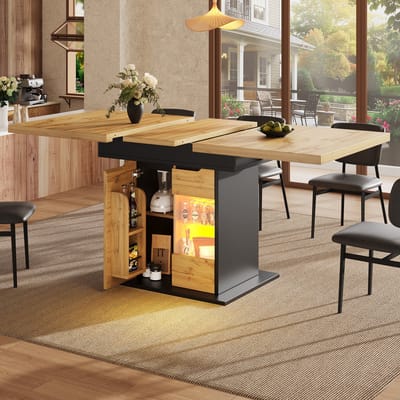 MODFU Uitschuifbare Eettafel - Opbergruimte En Verlichting - Modern - Voor Eetkamer - MDF En Glas - Zwart En Naturel - 110-140 X 80 X 76 Cm