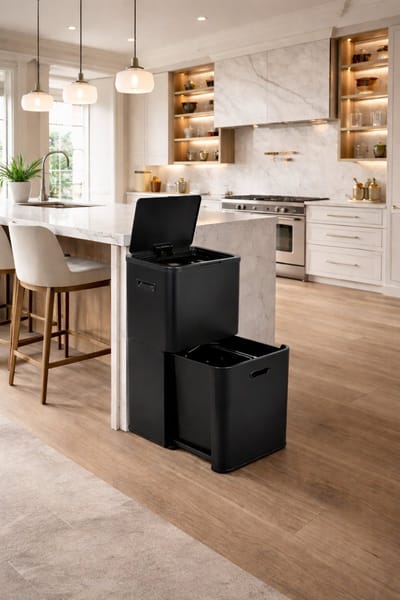 Prullenbak met Afvalscheiding 70 Liter – Afvalemmer Keuken 3 Vakken – 40 Liter + 2×15 Liter – Zwarte RVS Prullenbak – Afvalbak Gescheiden Afval –Prullenbak met Lade en Drukdeksel–Grote Prullen bak Keuken –Moderne Afvalemmer Binnen-Compact