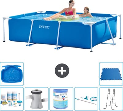 Intex Rechthoekig Frame Zwembad - 220 x 150 x 60 cm - Blauw - Inclusief Onderhoudspakket - Zwembadfilterpomp - Filter - Schoonmaakset - Ladder - Voetenbad - Vloertegels - 8-delig