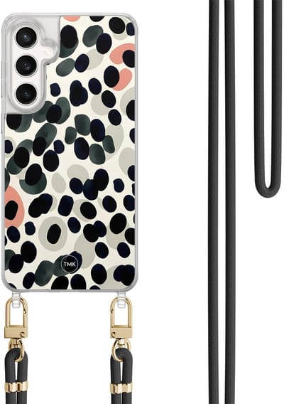Telefoonhoesje met koord geschikt voor Samsung S24 FE - Modern dots - Inclusief Zwart koord - Transparant, Multi - Gestipt - Crossbody beschermhoes - Met Telefoonketting