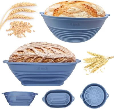 siliconen Banneton brood rijzenmand - 25,4 cm ovale & 22,9 cm ronde zuurdesembrood rijzenmand, inklapbare zuurdesembrood bakbenodigdheden, gemakkelijk schoon te maken en op te bergen (Blauw