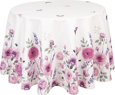 Clayre & Eef Tafelkleed Ø 170 cm Wit Paars Katoen Rond Rozen Tafellaken Tafellinnen Tafeltextiel