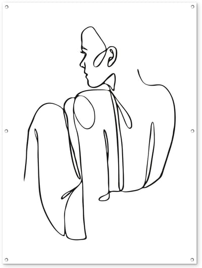 Tuinposter 120x160 cm - Tuindecoratie Abstracte line art van een zittende vrouw - Poster voor in de tuin - Buiten decoratie - Schutting tuinschilderij - Tuindoek muurdecoratie - Wanddecoratie balkondoek