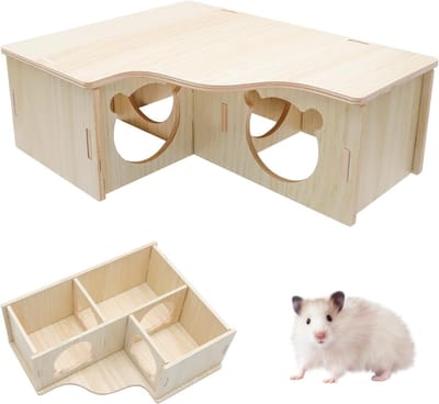 Natuurlijk Houten Hamsterhuis met 3 Kamers - Waterdicht, Veilig en Niet-Toxisch voor Dwerghamsters en Goudhamsters, Ideaal voor Speelplezier en Comfort