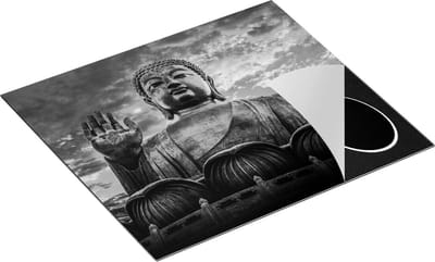 Chefcare Inductie Beschermer Boeddha Beeld bij een Tempel - Zwart Wit - 60x50 cm - Afdekplaat Inductie - Kookplaat Beschermer - Inductie Mat