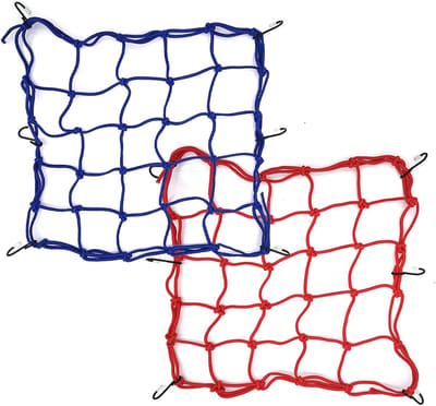2x Motorfiets Bagagenet Elastisch Bungee Net met 6 Haken voor Helm en Bagage - 38x38 cm (Rood & Blauw)