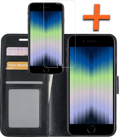 Hoes - Met Screenprotector - Geschikt voor Apple iPhone SE (2022) - Luxe Pasjeshouder - Bookcase Portemonee - Flip Case - Kunstleer Book Case - Flipcase - Book Cover - Walletcase - PortemonneeHoes - Zwart