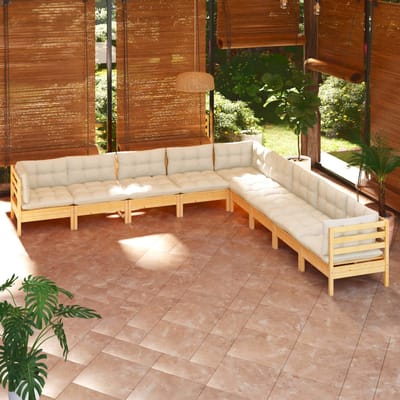 vidaXL - 9-delige - Loungeset - met - crèmekleurige - kussens - massief - grenenhout