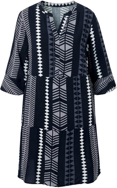 Ulla Popken - Dames - Jurk grafische print tuniekhals 3/4-mouwen - Zwart - Maat 42+