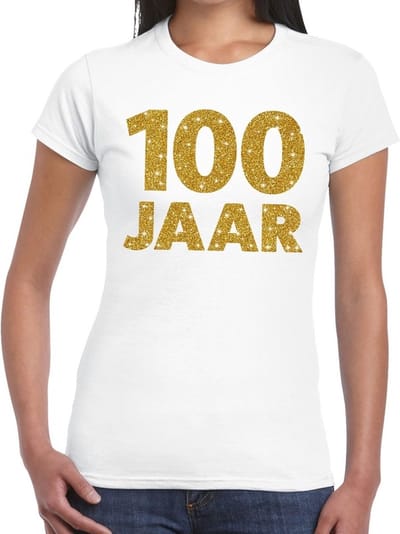 100 jaar goud glitter verjaardag t-shirt wit dames - verjaardag / jubileum shirts XS
