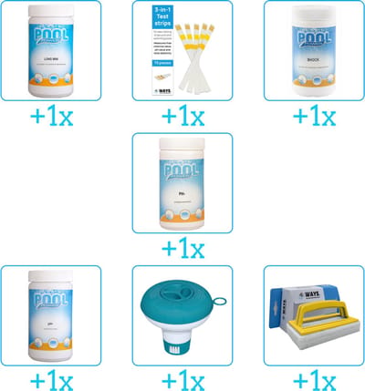 Zwembad Onderhoudspakket - Onderhoud Zwembad - bevat Chloor - Testrips - Chloor - PH-min - PH-plus - Chloordrijver en Scrubborstel (7-delig)