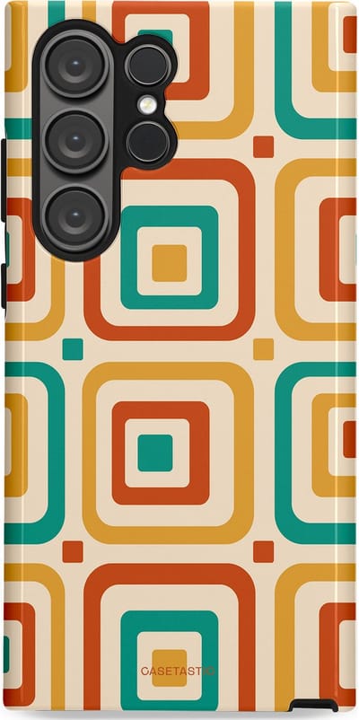 Casetastic hoesje geschikt voor Samsung Galaxy S23 Ultra - Dubbellaagse bescherming - Retro Vierkant verlangen - Fashion Case - Crème Terracotta Goud Turquoise