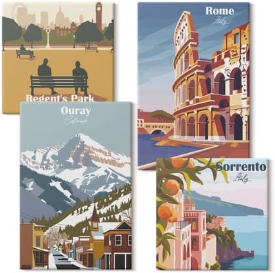 Wallfluent Set van canvas schilderijen - Retro-illustraties van beroemde regio's van de wereld Canvas Schilderijen Set - Set van 4 Canvas Schilderijen - Veelkleurig Set van Canvas Prints - Steden Canvas Kunst Set - Boheemse Canvas Kunst Set