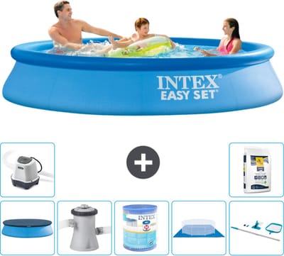 Intex Rond Opblaasbaar Easy Set Zwembad - 305 x 61 cm - Blauw - Inclusief Afdekzeil - Zwembadfilterpomp - Filter - Grondzeil - Schoonmaakset - Zoutwatersysteem - Zwembadzout - 8-delig