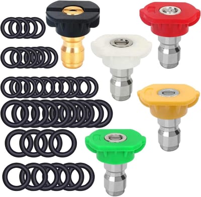 Set van 5 Hogedrukreiniger Spuitmonden met 40 O-Ringen Vervangingen, 1/4" en 3/8", 5 Graad Spuitmonden met Snelle Aansluiting en M22 Koppeling, Tot 4000 PSI voor Efficiënte Reiniging