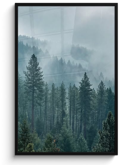 Poster in lijst - Fotolijst 80x120 cm - Posters - Naaldwoud - Bergen - Mist - Posterlijst zwart - Decoratie - Wanddecoratie woonkamer - Muurdecoratie slaapkamer