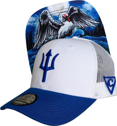 Capiche® Trucker Pet Heren – Cycnus – Wit & Blauw – Verstelbaar met Druksluiting – Sportcap – Trucker Cap – Capiche Caps – Griekse Mythologie – Zwaan