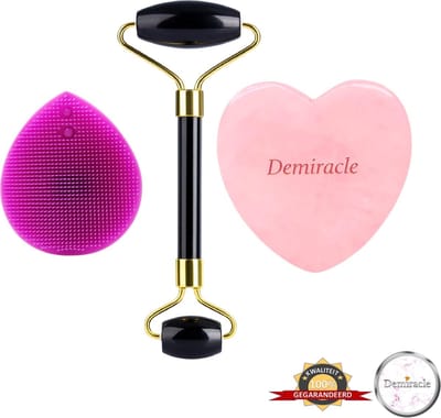 Demiracle® Face Roller & Gua Sha Love Bundle met Paarse Siliconen Gezichtsborstel – Black Obsidian – Rose Quartz – Face Rollers –Gezichtsmassage – Massagetools – Massage - Ontspanning – Kwaliteit