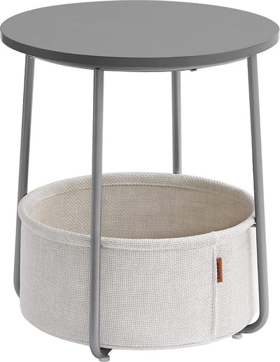 MIRA Home Bijzettafel Rond met Stoffen Mand - Tafeltje - Koffietafel - Hout - Grijs Beige