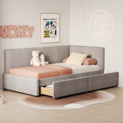 REDOM Ledikant 90x200 cm – Mid-century fluweel – 2 uitneembare opberglades – Grijs – Multifunctioneel