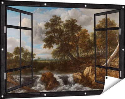 Gards Tuinposter Doorkijk Landschap met Waterval - Jacob van Ruisdael - 120x80 cm - Tuindoek - Tuindecoratie - Wanddecoratie buiten - Tuinschilderij