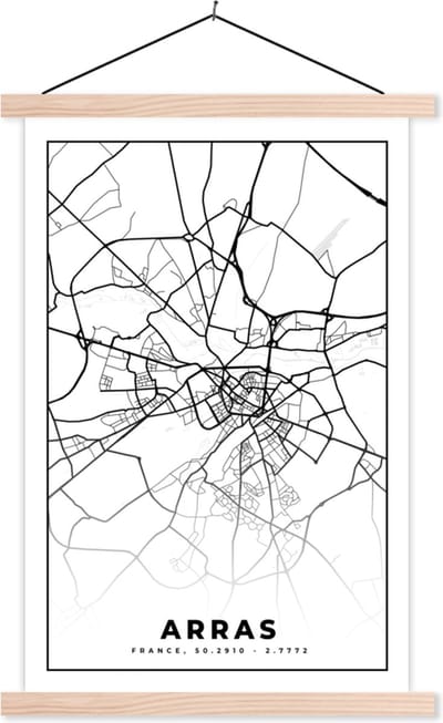 Posterhanger incl. Poster 40x60 cm - Schoolplaat - Arras - Stadskaart – Frankrijk – Kaart – Plattegrond - Zwart wit - Textielposter - Blanke latten - Stadskaart