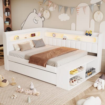 MODENUIT Slaapbank 90x200 cm – USB en ledverlichting – 2 lades en schoenenkast – Zonder matras – Gestoffeerd – Wit