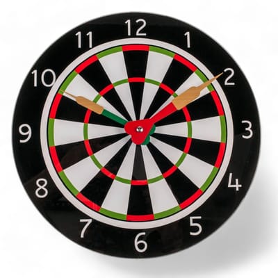 Dailygoods - Dailygoody - Wandklok Dartbord - Decoratieve klok - Ø 30 cm - Werkt op batterijen - Uniek glasdesign - Voor woonkamer en kantoor