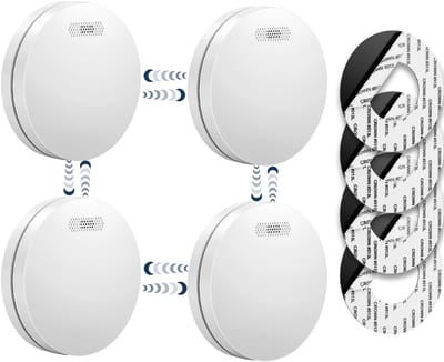 SAVS SM11R4 Draadloos koppelbare rookmelder 4-pack - SafeLink - 10 jaar batterij - Rookmelders met extra dun design - Geen LED lampje - Montage zonder boren - Voldoet aan Europese norm - Koppelbaar brandalarm