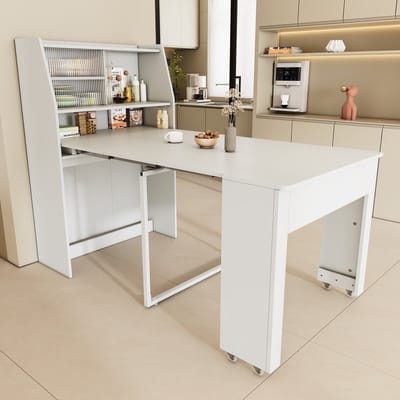 Sweiko Uittrekbare Eettafel, L52/132.5*B80*H76cm, Eetkamer opbergkast, Eettafel met opbergruimte, Rechthoekige eettafel, Koffielounge tafel, Ruimtebesparende multifunctionele eettafel, Wit