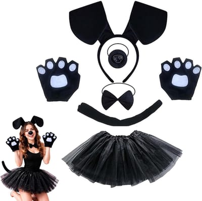 Zwart Kostuum voor Volwassenen met Puppy Rollenspel Accessoires – Hoofdband, Neus, Strik, Staart en Handschoenen voor Halloween en Themafeesten
