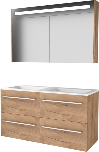 Basic Premium 46 badmeubelset met spiegelkast met geïntegreerde LED verlichting, wastafelonderkast met grepen, 4 lades en acryl wastafel met 2