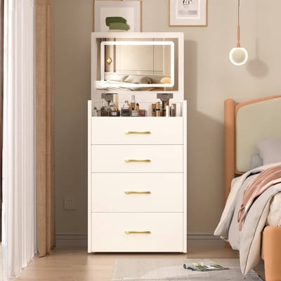 DESMIU Make-uptafel - 3 In 1 Met Open Spiegel En Glasblad - Compact Met Veel Opbergruimte Voor Slaapkamer En Hoek - MDF - Wit - 60 X 40 X 118 Cm