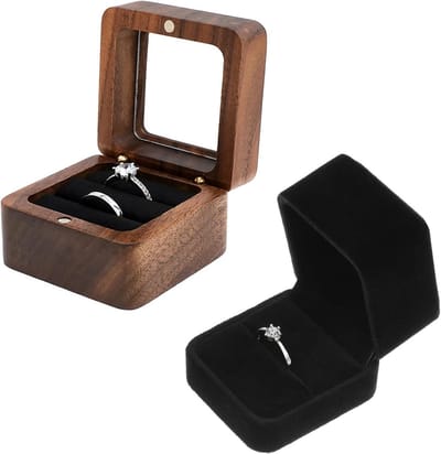 Elegante Ringdoos Set van 2 Stuks voor Verlovingen, Bruiloften en Valentijnsdag met Transparant Venster en Vintage Walnoot Design