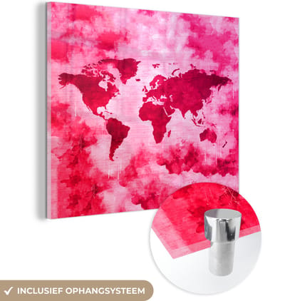 ® Glasschilderij 90x90 cm - Schilderij acrylglas - Wereldkaart - Kleuren - Roze - Foto op glas - Muurdecoratie woonkamer - Wanddecoratie slaapkamer - Schilderijen