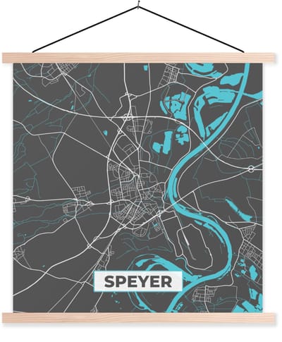 Posterhanger incl. Poster 40x40 cm - Schoolplaat - Stadskaart – Plattegrond – Duitsland – Blauw – Speyer – Kaart - Textielposter - Blanke latten - Stadskaart