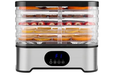 Zilveren voedseldroger 5-laags met timer en temperatuurregeling voor fruit vlees groenten en snacks