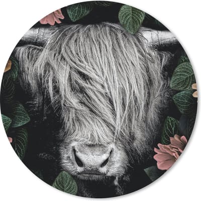 Muismat rond 20x20 cm - Mousepad Schotse hooglander - Bloemen - Zwart - Wit - Ronde muismatten