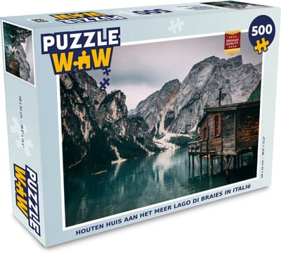 Puzzel Houten huis aan het meer Lago di Braies in Italië - Legpuzzel - Puzzel 500 stukjes