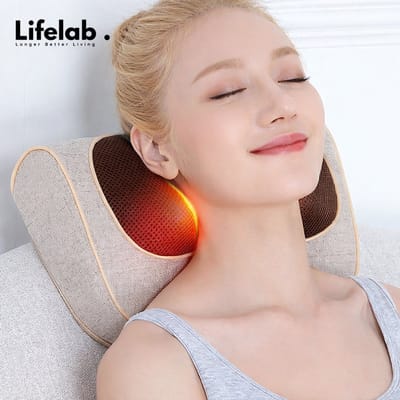 Shiatsu Massagekussen Lifelab – Knedende Dieptemassage met Warmtefunctie – Nekmassage Apparaat voor Nek, Schouders, Rug & Hoofd – Ergonomisch U-Curve Design – Spierpijn, Stress & Spanning – Ontspanning Thuis & Kantoor