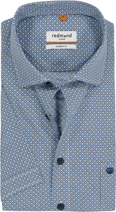 Redmond modern fit overhemd - korte mouw - popeline - licht- en donkerblauw met wit dessin - Strijkvriendelijk - Boordmaat: 39 - 40