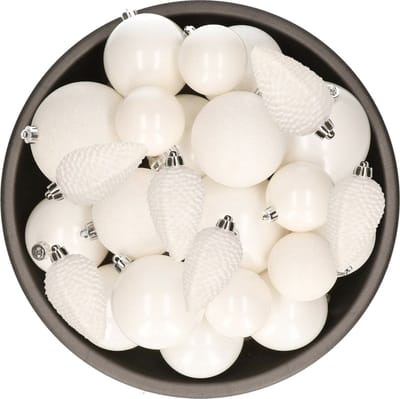 Kerstballen en dennenappels ornamenten - 32x st - wit - kunststof - 6, 8 en 10 cm