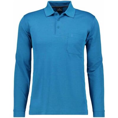 Ragman Softknit Polo Longsleeve Uni Breast Pocket Aqua Blue / male